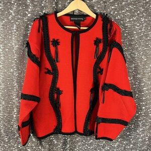 Spree International Red Cardigan‎ Sweater with Black Ribbon and Bows
